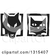 Poster, Art Print Of Black And White Woodcut Dog And Cat Faces In Frames