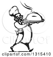 Black And White Woodcut Chubby Male Chef Walking With A Steaming Hot Cloche Platter