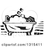 Poster, Art Print Of Black And White Woodcut Person Taking A Bubble Bath In A Claw Foot Tub