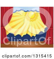 Poster, Art Print Of Stage Setting Of The Sun Dark Clouds And Silhouetted Shrubs Framed With Red Drapes