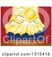 Poster, Art Print Of Stage Setting Of The Sun Clouds And Silhouetted Shrubs Framed With Red Drapes