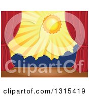 Clipart Of A Stage Setting Of The Sun And Silhouetted Shrubs Framed With Red Drapes 2 Royalty Free Vector Illustration by visekart