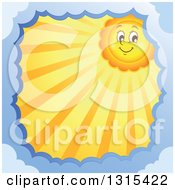 Poster, Art Print Of Cartoon Happy Sun Character With Sunset Rays Framed In Clouds