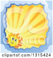 Poster, Art Print Of Cartoon Happy Sun Character Peeking Around A Border Of Clouds With Sunset Rays