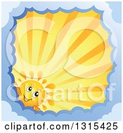 Poster, Art Print Of Cartoon Happy Summer Sun Character Peeking Around A Border Of Clouds With Sunset Rays