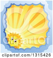 Poster, Art Print Of Cartoon Sun Character Peeking Around A Border Of Clouds With Sunset Rays