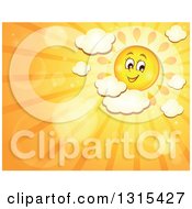 Poster, Art Print Of Cartoon Happy Sun With Puffy Clouds Flares And Sunset Rays