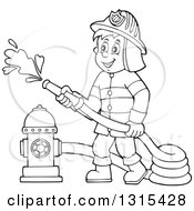 Cartoon Happy Black And White Male Fireman Using A Hose Connected To A Hydrant