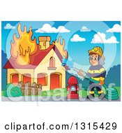 Poster, Art Print Of Cartoon White Male Fireman Using A Hose Connected To A Hydrant To Put Out A House Fire Against A Day Sky
