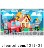 Cartoon Truck And A White Male Fireman Using A Hose Connected To A Hydrant To Put Out A House Fire During The Day