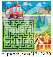 Poster, Art Print Of Cartoon Fire Engine Truck Maze And Burning House
