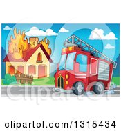 Cartoon Fire Engine Truck By A Burning House During The Day