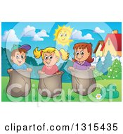 Clipart Of A Cartoon Group Of Happy Caucasian Children Engaged In A Potato Sack Race In A Park Royalty Free Vector Illustration by visekart