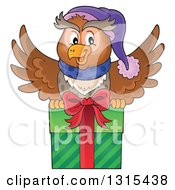 Cartoon Festive Christmas Owl Flying With A Gift