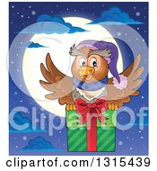 Cartoon Festive Christmas Owl Flying With A Gift Against A Full Moon