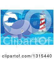 Poster, Art Print Of Cartoon Happy Spouting Whale Near A Lighthouse At Night