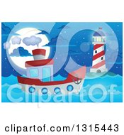 Poster, Art Print Of Cartoon Tugboat Near A Lighthouse At Night