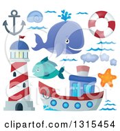 Poster, Art Print Of Cartoon Happy Spouting Whale Lighthouse Anchor Waves Life Buoy Starfish Fish And Boat