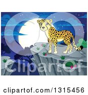 Poster, Art Print Of Cartoon Cheetah On A Cliff Over A Valley And A Full Moon At Night