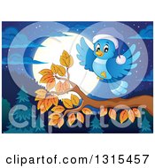 Poster, Art Print Of Cartoon Blue Bird Wearing A Hat And Landing On An Autumn Branch Against A Forest And Full Moon At Night