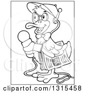 Cartoon Black And White Duck Reporter Holding A Microphone And Newspaper