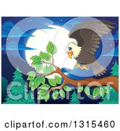 Poster, Art Print Of Cartoon Bald Eagle Landing On A Branch Against A Forest And Full Moon At Night