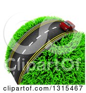 Poster, Art Print Of 3d Road With A Red Car Around A Grassy Planet On White