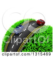 Poster, Art Print Of 3d Road With Red And Blue Cars Around A Grassy Planet On White