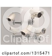 Poster, Art Print Of 3d Four Hd Cctv Security Surveillance Cameras Mounted On A Corner Wall On Off White