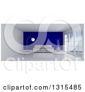 Poster, Art Print Of 3d Room Interior With Floor To Ceiling Windows And A Dark Blue Feature Wall With A Sofa Vase And Lamp