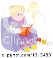 Blond Caucasian Granny Sitting In A Chair And Reading A Book With A Kitten And Yarn At Her Feet