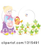 Poster, Art Print Of Blond Caucasian Granny Watering A Carrot And Turnip Garden