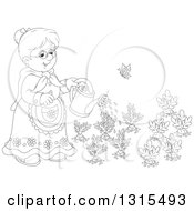 Clipart Of A Cartoon Black And White Granny Watering A Carrot And Turnip Garden Royalty Free Vector Illustration by Alex Bannykh