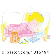 Poster, Art Print Of Cartoon Blond Caucasian Girl Sleeping Peacefully In A Bed