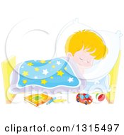 Poster, Art Print Of Cartoon Blond Caucasian Boy Sleeping Peacefully In A Bed