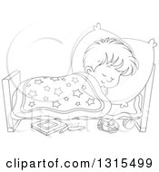Poster, Art Print Of Cartoon Black And White Boy Sleeping Peacefully In A Bed