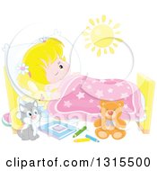 Poster, Art Print Of Cartoon Blond Caucasian Girl In Bed Peeping With One Eye Open And A Cat At Her Side
