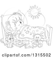 Clipart Of A Cartoon Black And White Girl In Bed Peeping With One Eye Open And A Cat At Her Side Royalty Free Vector Illustration