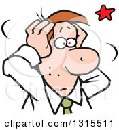 Clipart Of A Cartoon Stressed Brunette Caucasian Business Man Grabbing His Aching Head Royalty Free Vector Illustration by Johnny Sajem