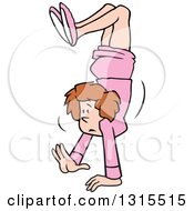 Clipart Of A Cartoon Uncertain Brunette Caucasian Business Woman Walking On Her Hands Royalty Free Vector Illustration
