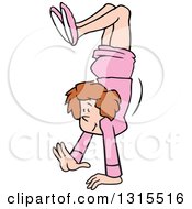 Clipart Of A Cartoon Happy Brunette Caucasian Business Woman Walking On Her Hands Royalty Free Vector Illustration by Johnny Sajem