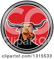 Clipart Of A Retro Texas Longhorn Steer Bull In A Black Gray White And Red Circle Royalty Free Vector Illustration