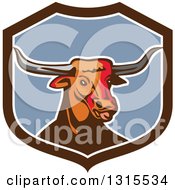 Poster, Art Print Of Retro Texas Longhorn Steer Bull In A Brown White And Blue Shield