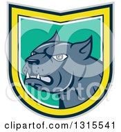 Cartoon Angry Pitbull Guard Dog Snarling In A Gray Black Yellow White And Turquoise Shield