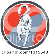 Retro Woodcut Siberian Husky Dog Running In A Gray White And Red Circle