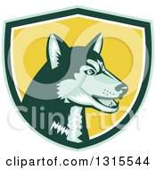 Poster, Art Print Of Retro Woodcut Siberian Husky Dog In A Green White And Yellow Shield