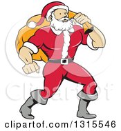 Poster, Art Print Of Cartoon Buff Christmas Santa Claus Carrying A Sack Over His Shoulder