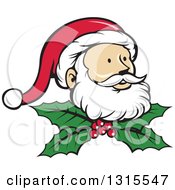 Poster, Art Print Of Retro Cartoon Christmas Santa Claus Face Over Holly And Berries