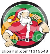 Poster, Art Print Of Cartoon Buff Christmas Santa Claus Carrying A Sack Over His Shoulder And Emerging From A Black White And Green Circle