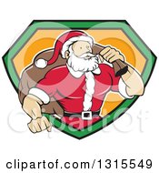 Poster, Art Print Of Cartoon Buff Christmas Santa Claus Carrying A Sack Over His Shoulder And Emerging From A Black Green And Orange Shield